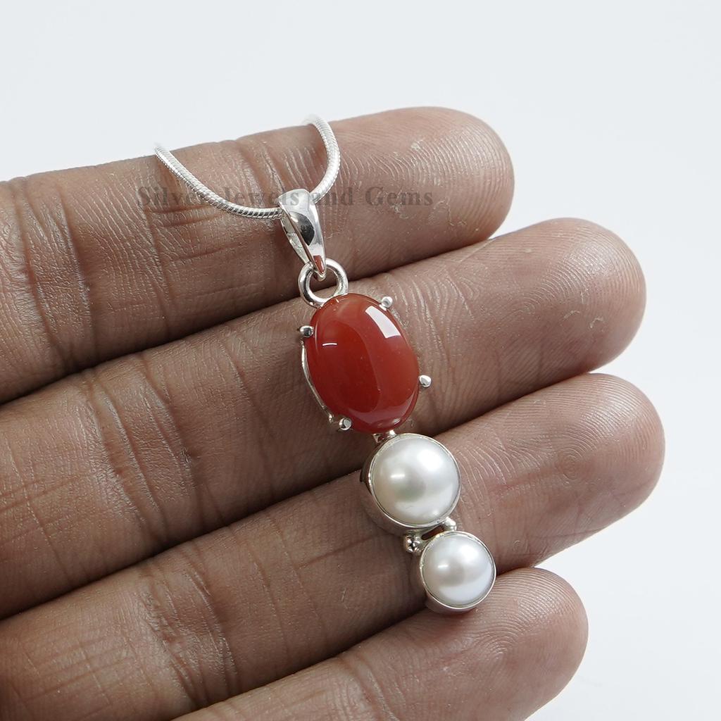 Fresh Water Pearl and Carnelian Pendant, Handmade Multi Stone Pendant, 925 Sterling Silver Pendant, Gemstone Pendant, Birthday Pendant