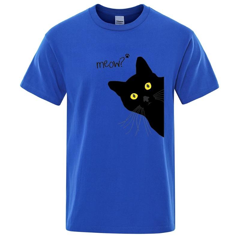 Meow Black Cat Funny Printing Men T-Shirts Breathable Tee Clothes Summer Streetwear Tops Oversized Loose Cotton Short Sleeve T-Shirts Men’s