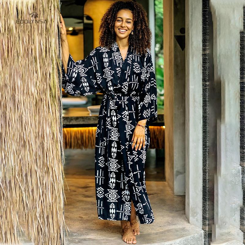 2022 модный купальник с геометрическим принтом, хлопковое кимоно с длинным рукавом и поясом, повседневное женское пляжное платье Q1340ear, купальный костюм, накидка