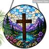 2D Flat Cross Stained Glass Suncatcher, 6.3/7.87 InchChristianStained Glass Suncatche Window Hanging Faith Cross and Mountain Valley Stained Glass