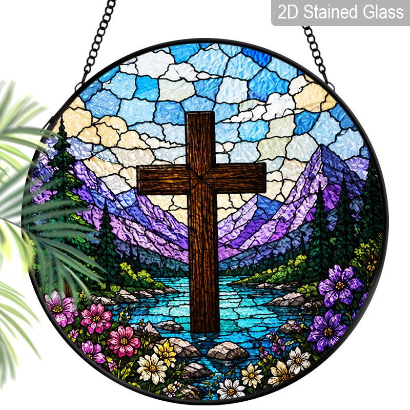 2D Flat Cross Stained Glass Suncatcher, 6.3/7.87 InchChristianStained Glass Suncatche Window Hanging Faith Cross and Mountain Valley Stained Glass