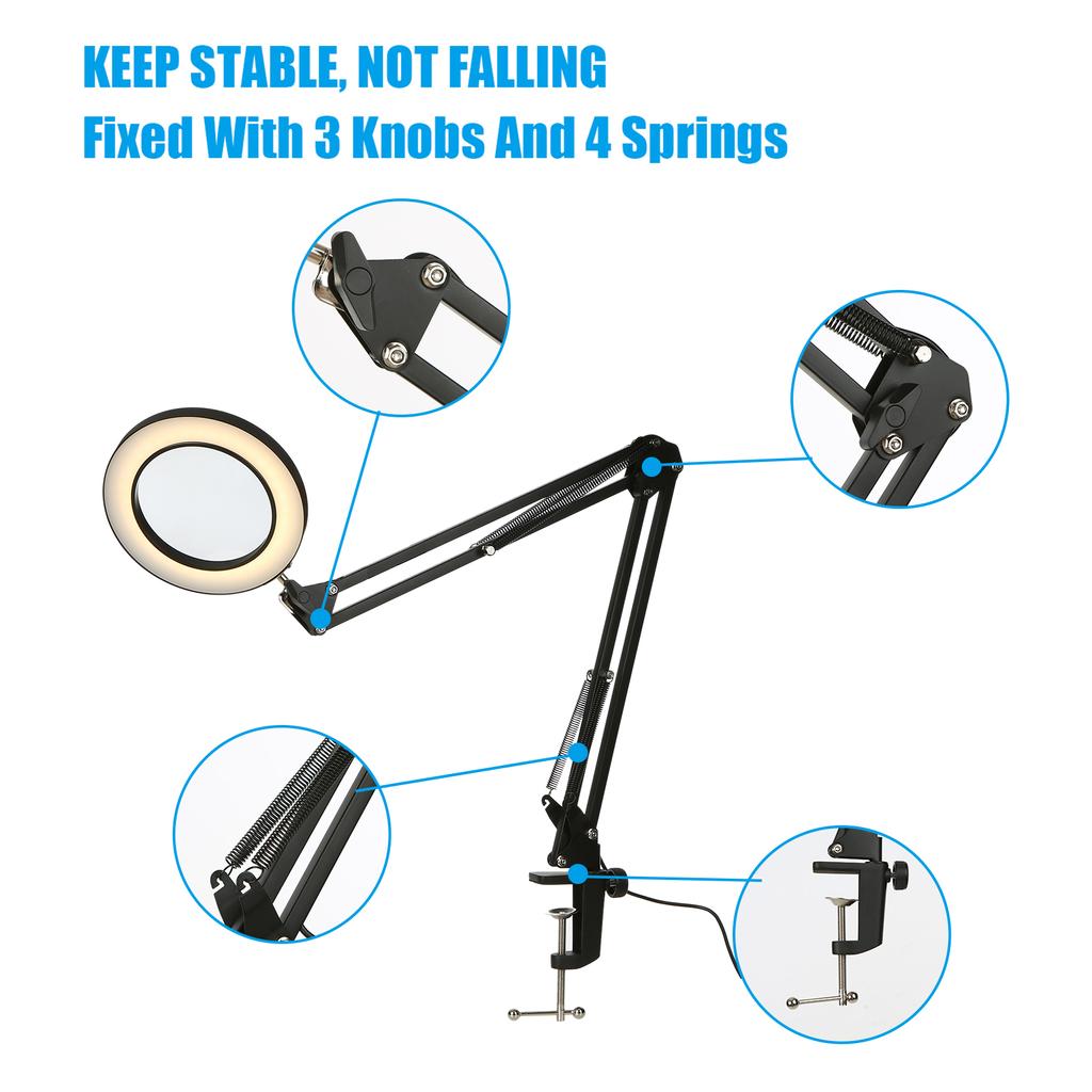 Magnifying Glass Magnifier with LEDs Clamp Clip Light 8X Magnification 10 Levels Adjustable