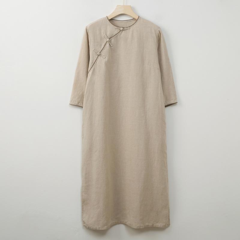 Johnature Женские платья в китайском стиле с круглым вырезом и девятью рукавами, однотонные, весенние, на пуговицах, винтажные, свободные, А-силуэта