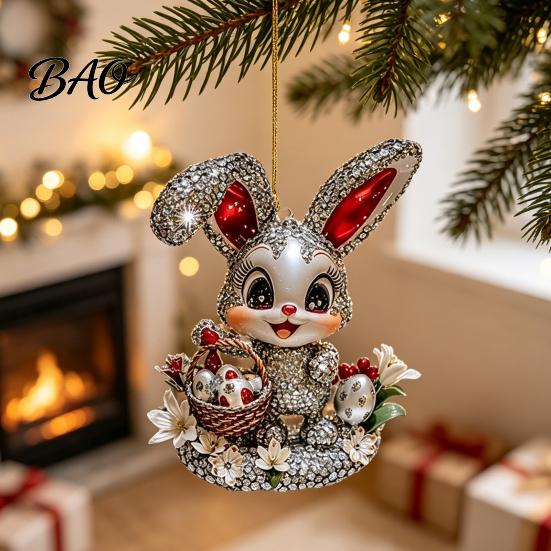 Lightweight Acrylic Rabbit Figurine Easter Bunny Pendant, Cute with Basket, 2D Car Party Favors Rearview Mirror Hanging Ornament, Bag Keychain