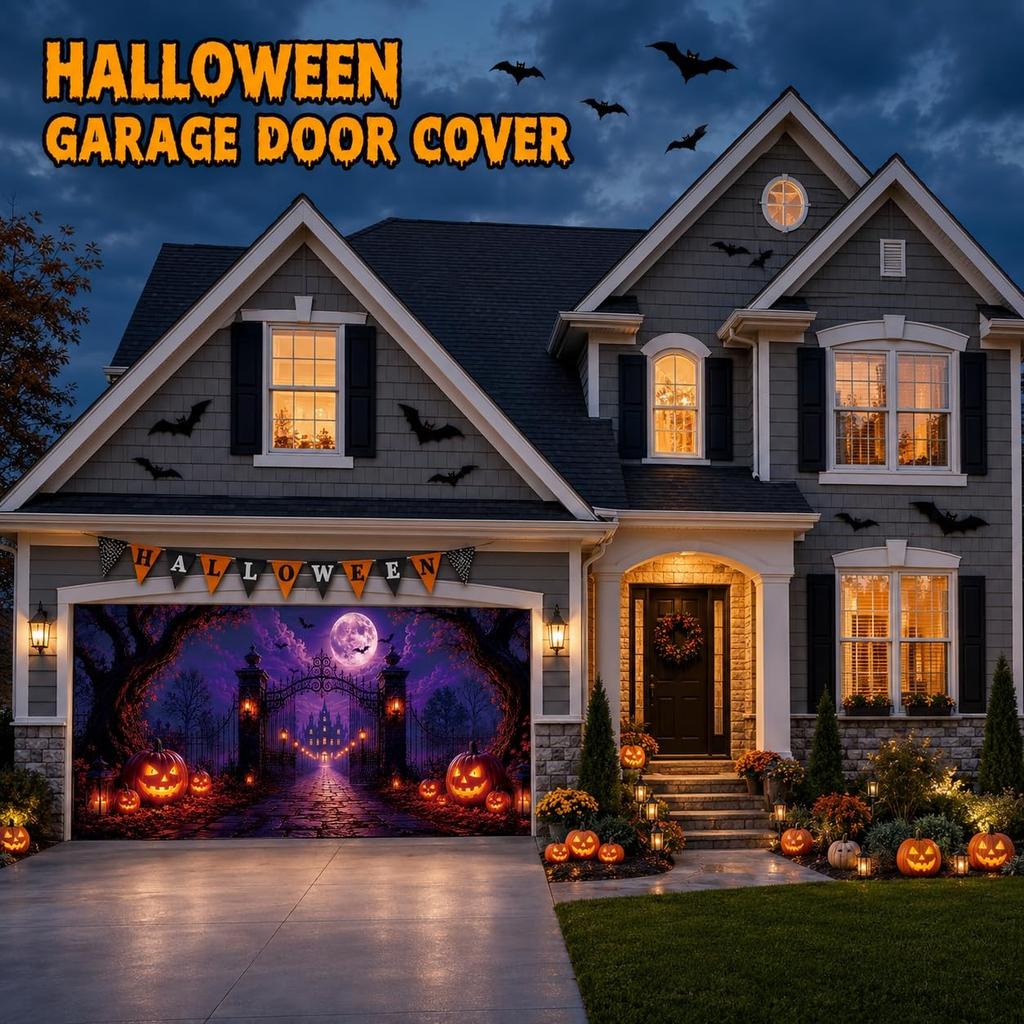 332. 7 x 16 ft Halloween Garage Door Decorations Banner, Haunted Mansion Halloween...