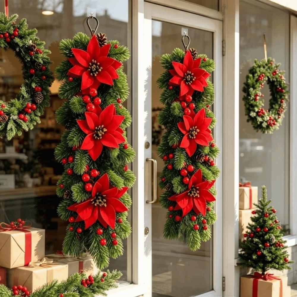 Wall-Mounted Christmas Hanging Vine Hanging Faux Flower Artificial Pine Branch Red Berries Poinsettia Flower Home Party