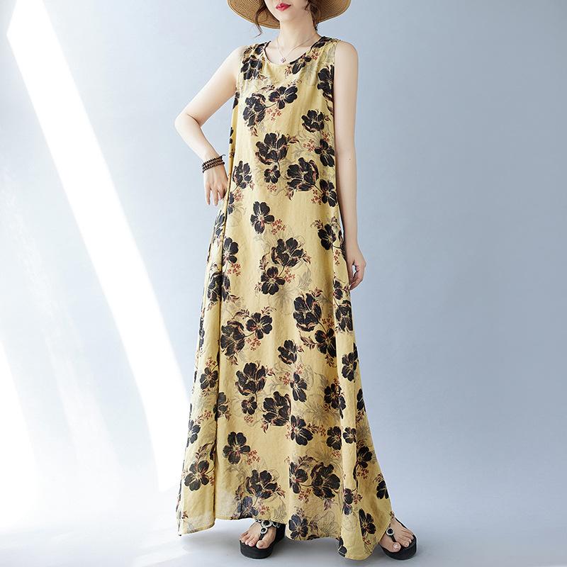 Летнее свободное платье без рукавов с круглым вырезом и принтом средней длины для женщин, повседневные платья