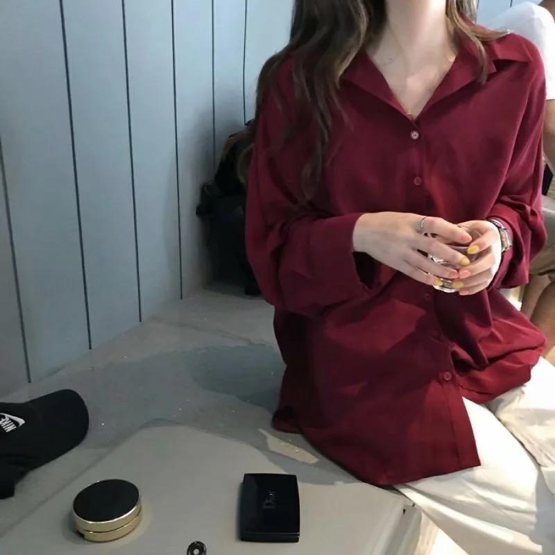 Black Shirts Women Oversized Vintage Chic Korean Fashion Long Sleeve Casual Blouse