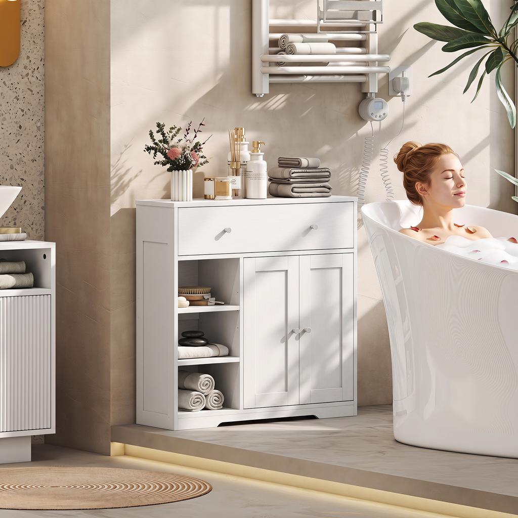 Bathroom Floor Cabinet, Freestanding Bathroom Cabinet with Drawer, Door, Open Shelves, White
