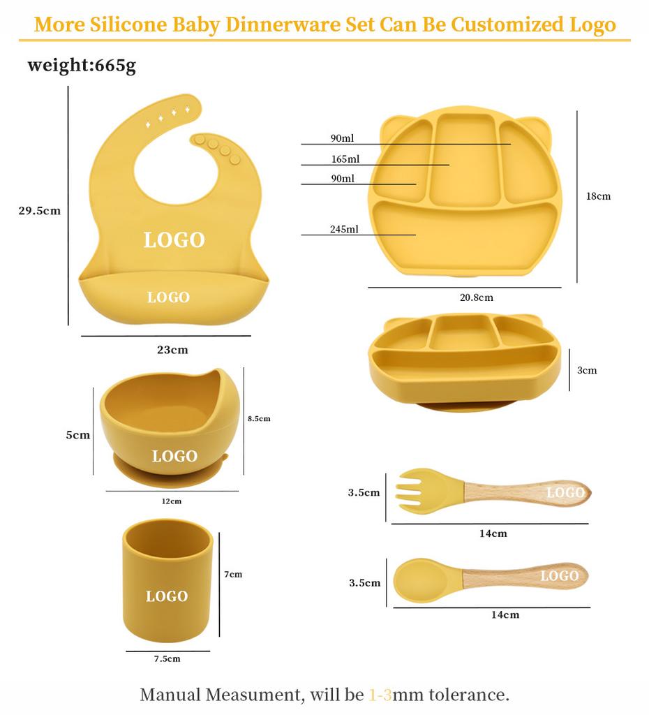 6PCS BPA Free Baby Silicone Tableware Bib Flexible Solid Color Sucker Bowl Spoon Fork for Children Learning Feeding Flatware