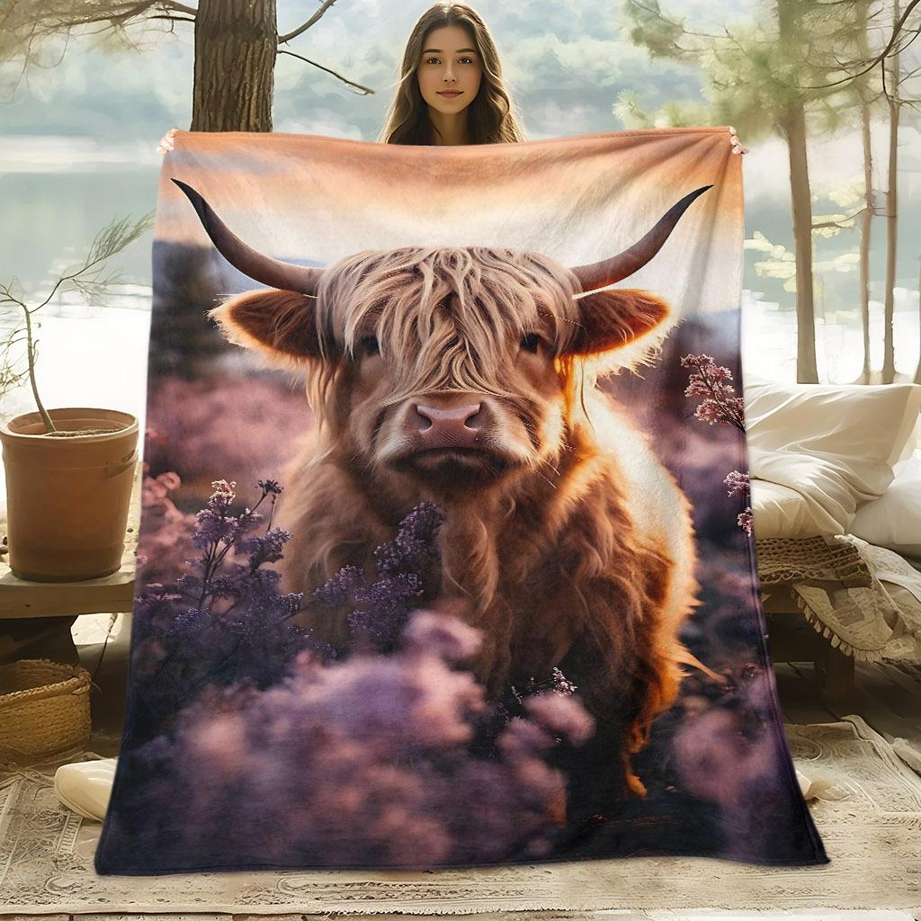 A Digital Printed Blanket Featuring a Skin-Friendly Cow And Floral Pattern, Suitable for All Seasons, Perfect for Use on The Sofa, Made of 100% Soft A