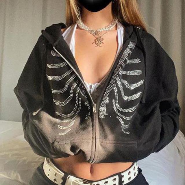 Autumn and Winter Zipper Gothic Black Hoodie Women's Rhinestone Skull Casual Oversized Sweater Punk Harajuku Longsleeved Jacket Women's Jacket Sweater