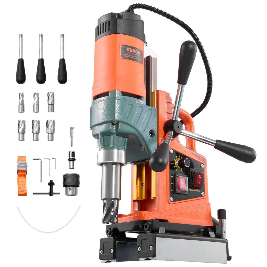 VEVOR Magnetic Drill Press, 1400 W, 50 mm Boring Diameter, 0-850 RPM Speed, Reversible Direction, Mag Drill Press with 6 Core Bits