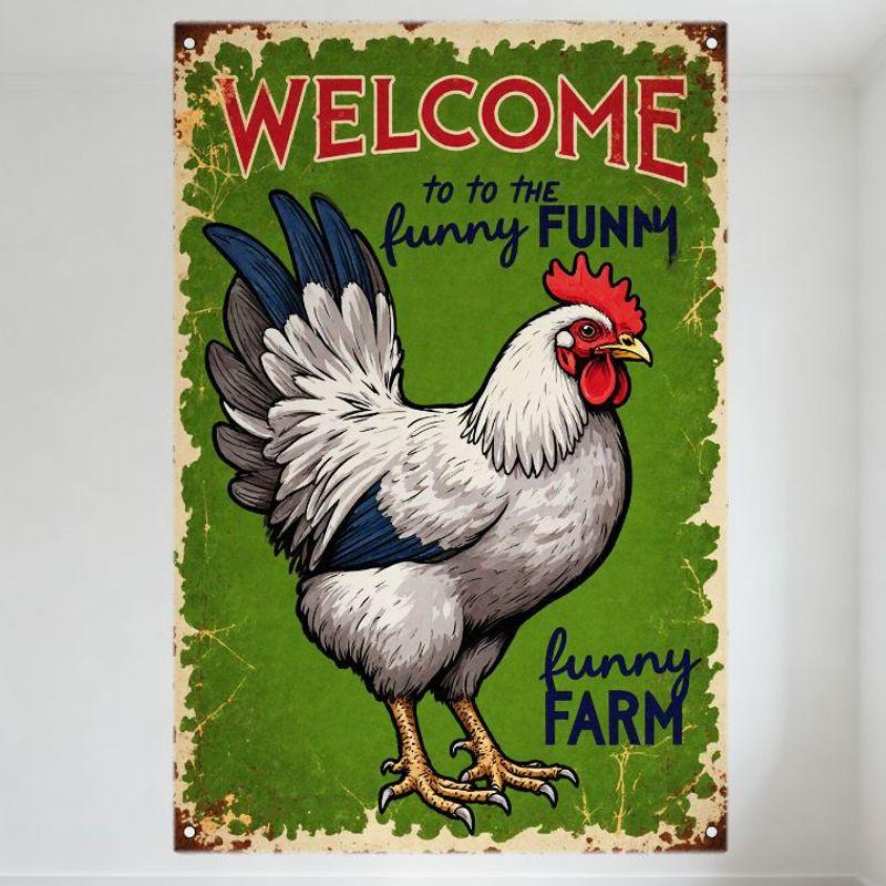 Vintage Rustic Metal Tin Sign, Welcome to Funny Farm with Rooster Chicken, Distressed Retro Wall Decor for Home Bar Café Man Cav