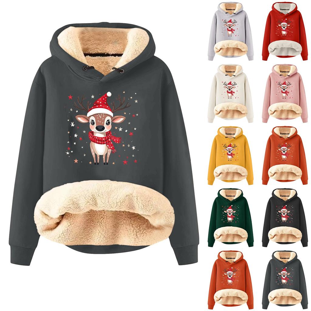 Women's Fashion Hooded Padded Thickened Warm Christmas Printed Loose Pullover Sweatshirt