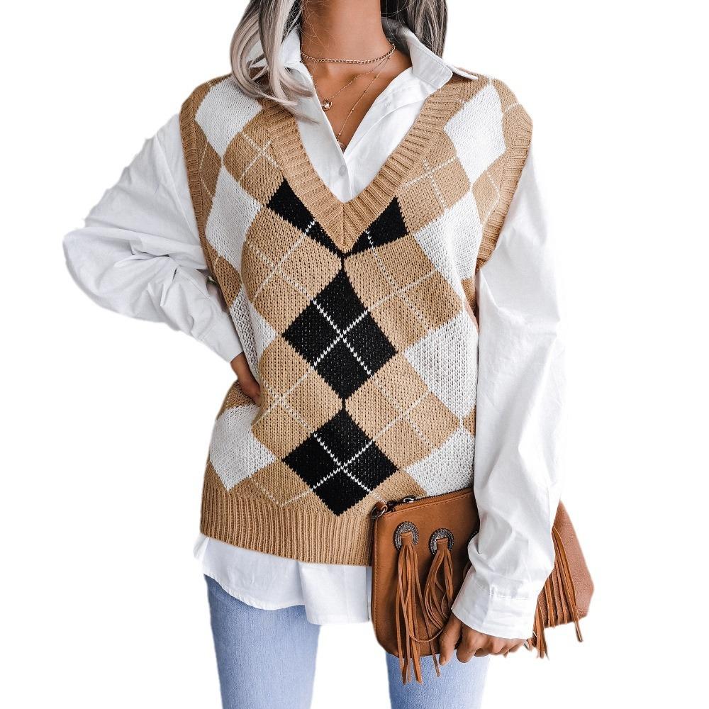 Женский свитер-жилет с геометрическим узором и V-образным вырезом без рукавов, трикотажный топ, школьная форма, свитер, джемпер