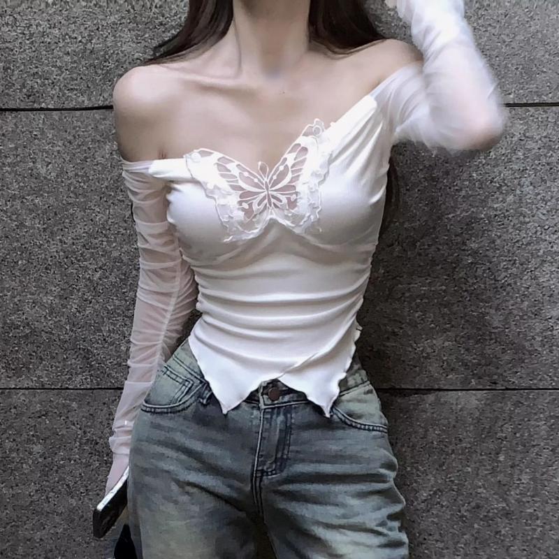 Deeptown корейский стиль футболки с открытыми плечами женские эстетические укороченные сетчатые топы с бабочками сексуальные кокетки Y2k Kpop футболки с длинными рукавами