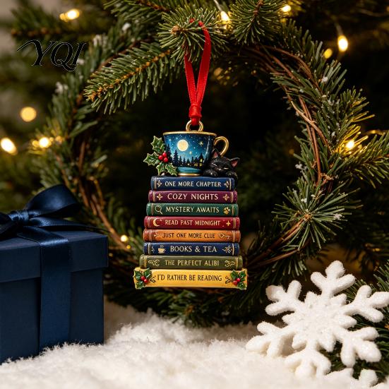 Thoughtful Keepsakes for Readers Book Christmas Ornament, 2D Acrylic Stacking Tree Hanging Bookish Ornaments Decoration with Inspirational Quote,