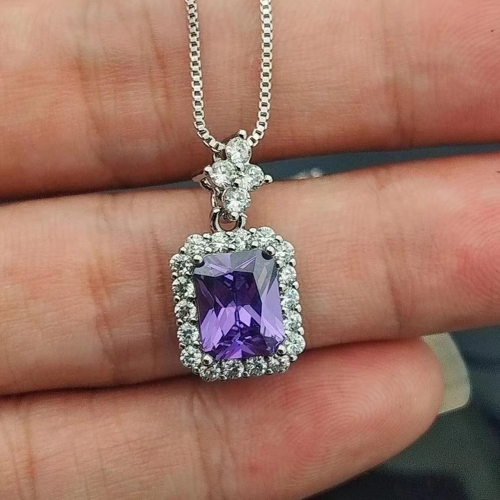 The Same Simulated Diamond Rectangular Pendant Necklace Women's Fashion Versatile Zircon Pendant First Product