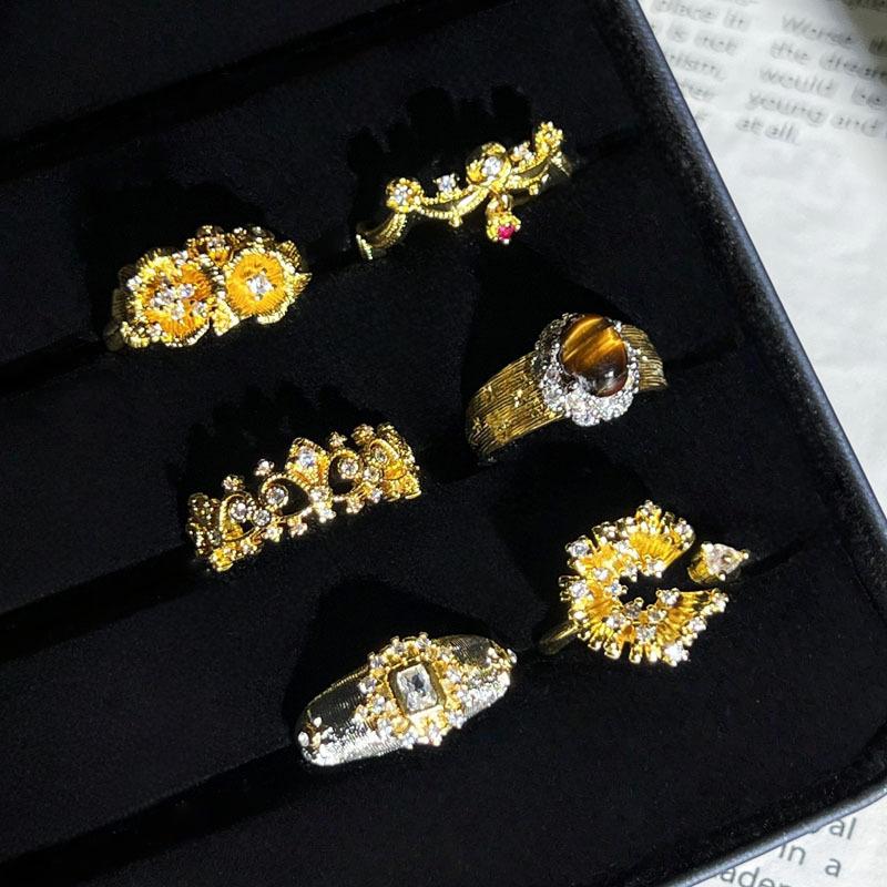 Palace style mixed and matched flower brushed hollow retro inlaid temperament open ring women's exquisite light luxury fashion ring