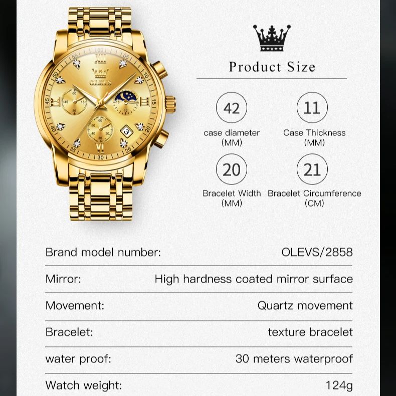 New Gold Watch OLEVS Quartz Watch for Men Chronograph Stainless Steel Luminous Waterproof Wristwatch Business Men's Watches