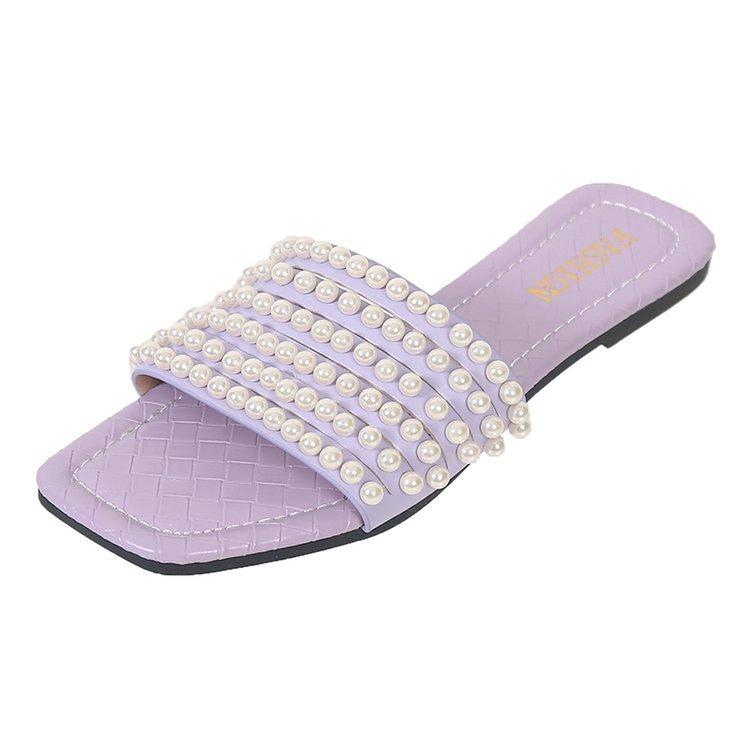 Новые модные женские сандалии на плоской подошве, нескользящие тапочки с жемчужным декоративным верхом, мягкие стельки, женская обувь