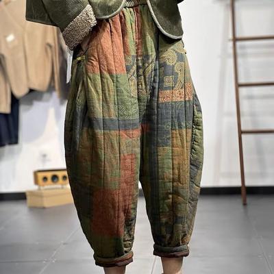 Осень Зима 2XL Большой Размер Женские Этнический Стиль Утолщенные Эластичная Талия Сотни Принтов Теплые Свободные Элегантные Брюки