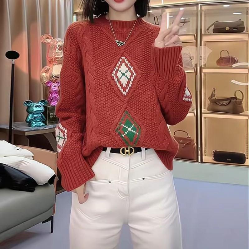 Autumn and Winter New Retro Rhombus Inlaid Contrasting Jacquard Sweater New Christmas Atmosphere Knitted Crew Neck Top