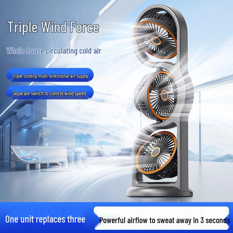 Portable USB Rechargeable Three-Head Timer Fan for Desktop & Outdoor Camping