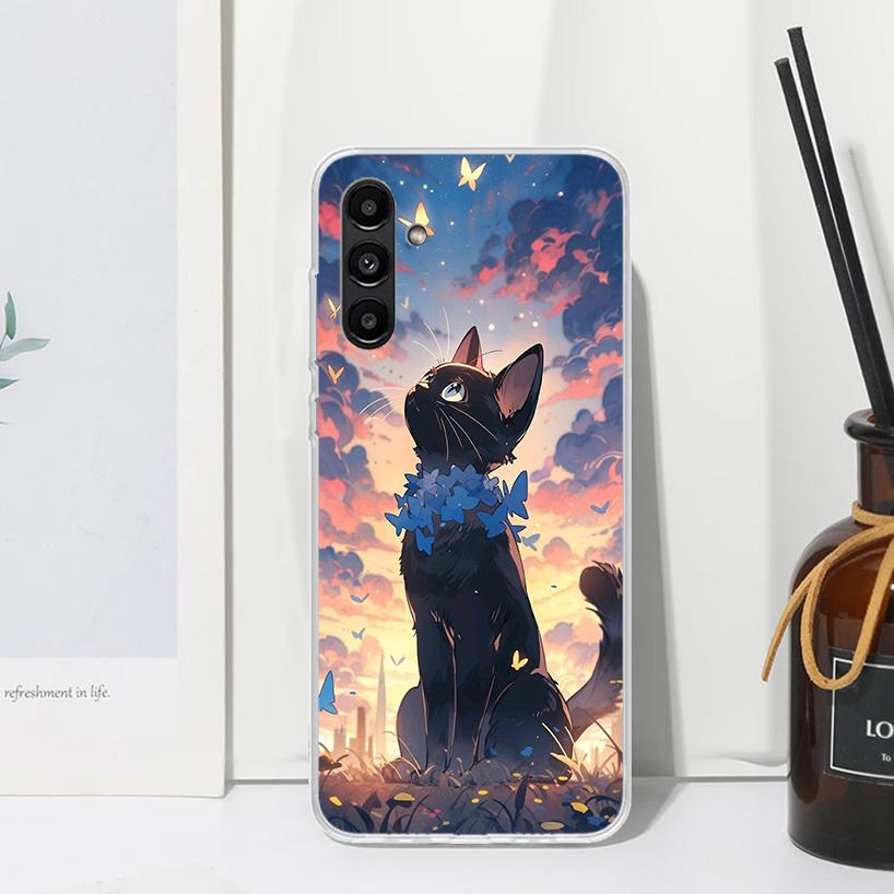 Милый черный кот Мяу Чехол для телефона Аниме Для Samsung Galaxy A17 A37 A57 A16 A26 A36 A56 A15 A25 A35 A55 A14 A24 A34 A54 A13 A23 A33