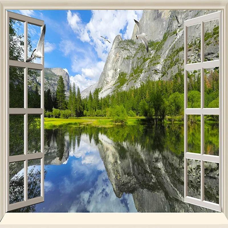 Классические 3D фрески Окно Озеро Горы Природа Пейзаж Фотообои Гостиная Спальня Диван 3D настенная фреска Декор