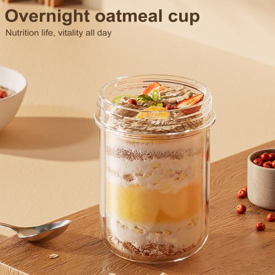 Стеклянная чашка для овсянки емкостью 430 мл с ложкой и крышкой. Герметичный контейнер для овсяных хлопьев без бисфенола-А на ночь для хлопьев, салатов, йогуртов. Банка для приготовления еды для здоровых завтраков.