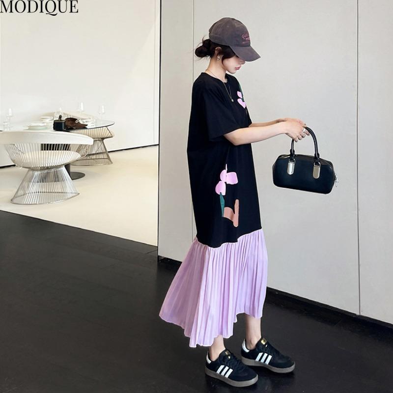 MODIQUE Summer Plus Size New Women Vintage Loose T-Shirt Floral Printing Pleated Patchwork Long Dresses Female Casual Short Sleeve O-Neck Dresses