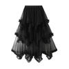 Women Cake Skirt Mid-rise Elastic Waist Irregular Hem Midi Skirt Solid Color Mesh Swing Long Skirt Daily Wear