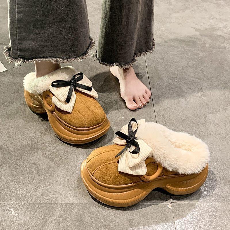 Cute Bow-tied Fluffy Slippers Women's Autumn and Winter New Fashionable Versatile Warm Piled Cotton Slippers