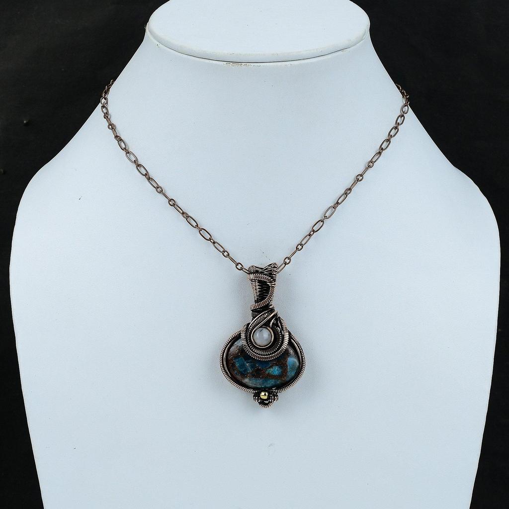 Медный неоновый апатитовый кулон, медная проволока, обернутая кулоном, ювелирное изделие ручной работы, кулон с радужным лунным камнем, медные ювелирные изделия, кулон с драгоценным камнем для подарка