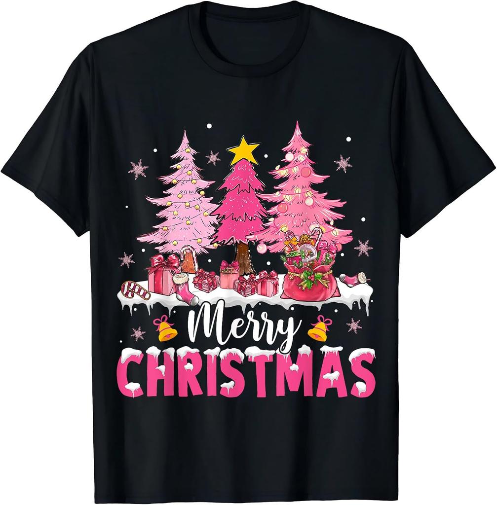 Merry Christmas with Pink Trees Xmas Costume Pajamas Women T-Shirt