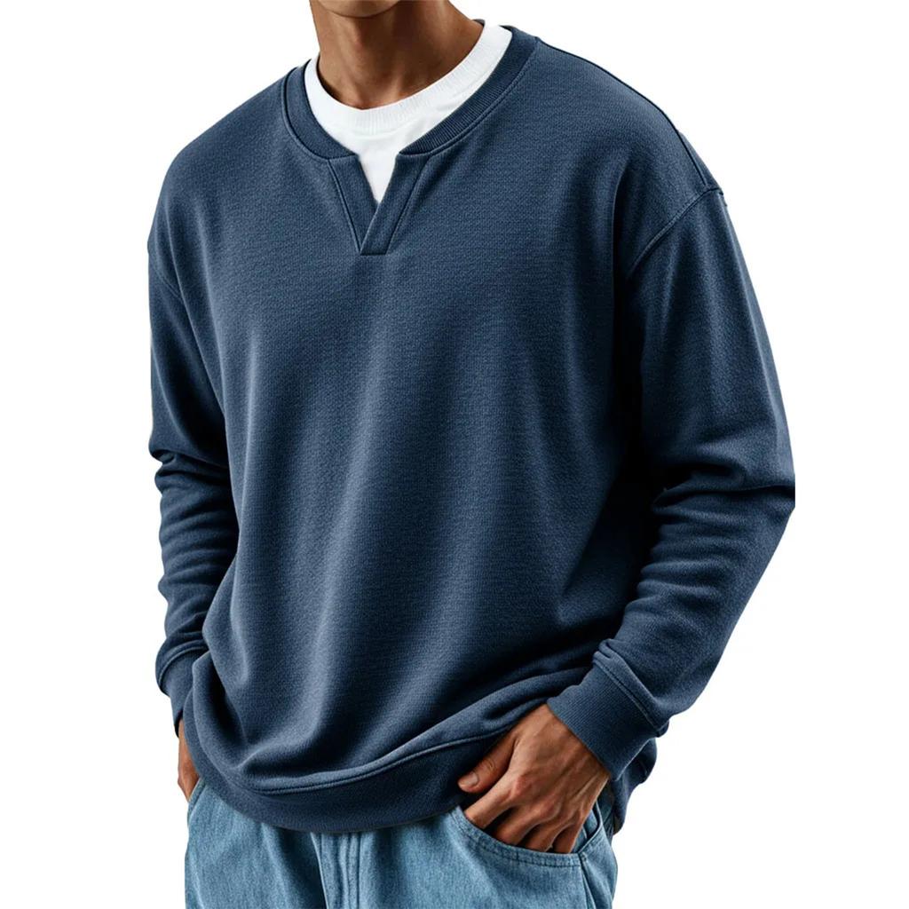 Мужская мода Однотонный Круглый вырез Длинный рукав Повседневная мода Универсальный Длинный рукав Свободная футболка Топ