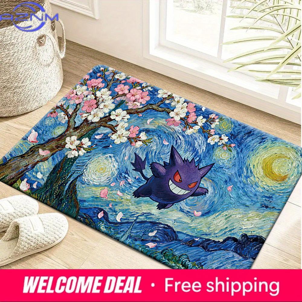 Pokemon Gengar Starry Night Cherry Blossom Print Non-slip Doormat Soft Floor Mat for Home Decor