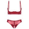 Womens Glossy Patent Leather Underwire Bra Set Adjustable Strap Lingerie with Open Crotch Briefs