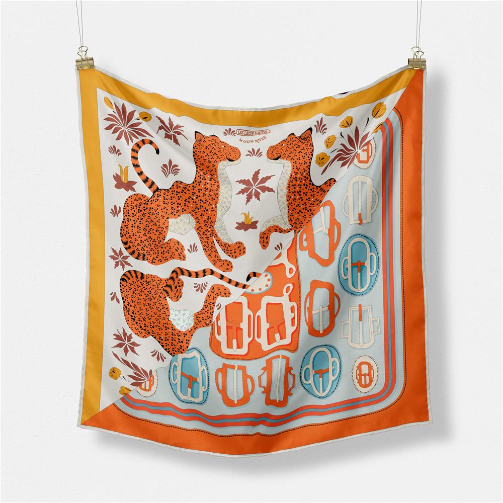 Twill Silk Scarf Woman Leopard Belt Print Square Scarves Wraps Bandana Small Hijab Foulards Lady Tie Headband Neckerchief 53CM
