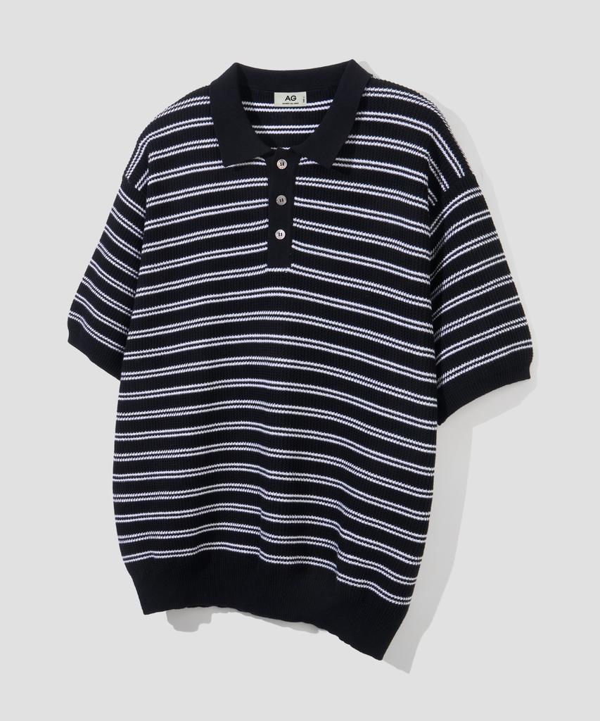 AGOD Collar Button Stripe Half Knit [Black]