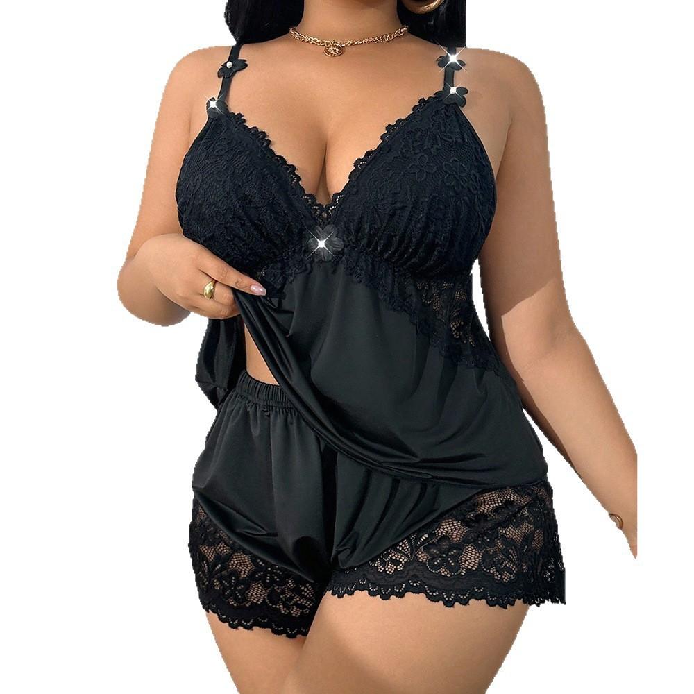 Большой размер кружевной сексуальный комплект из двух предметов пижамы сексуальный комплект с подтяжками и шортами чисто домашняя одежда