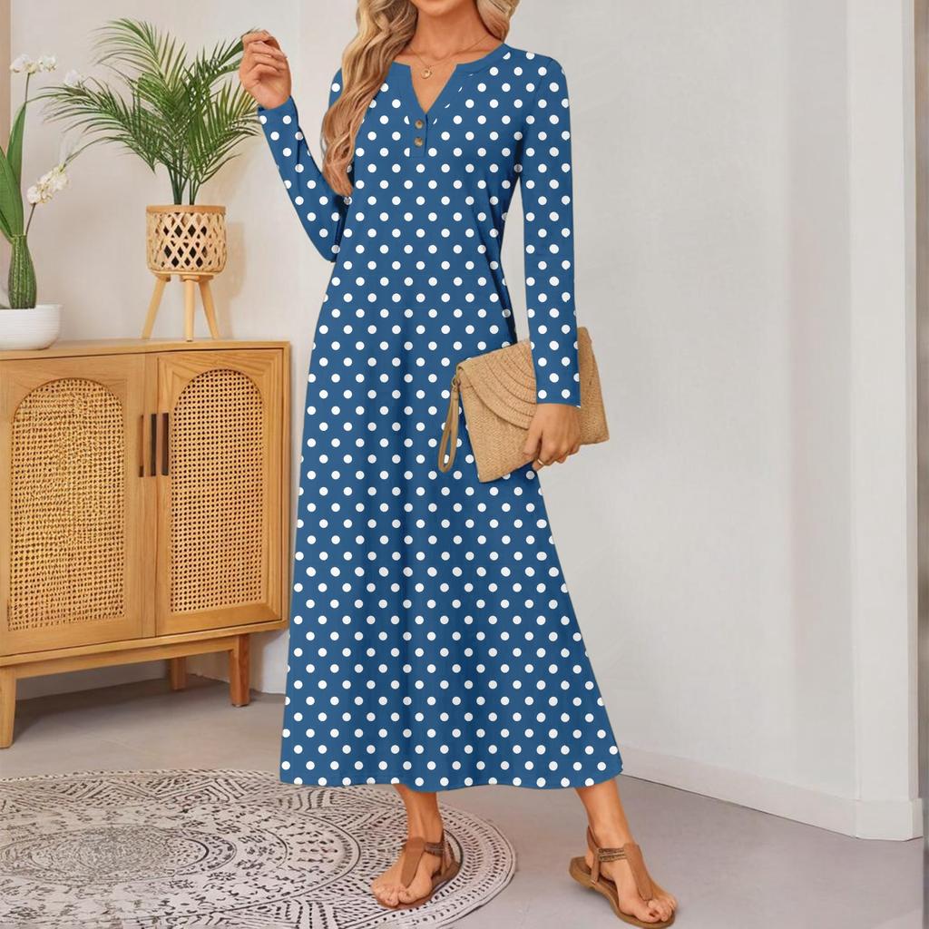 Women Polka Dot Printed Long-sleeved Comfortable Loose Dress, Elegant Dress