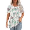 Ladies' Fashionable Printed Round Neck Pleated Short Sleeved Shirt