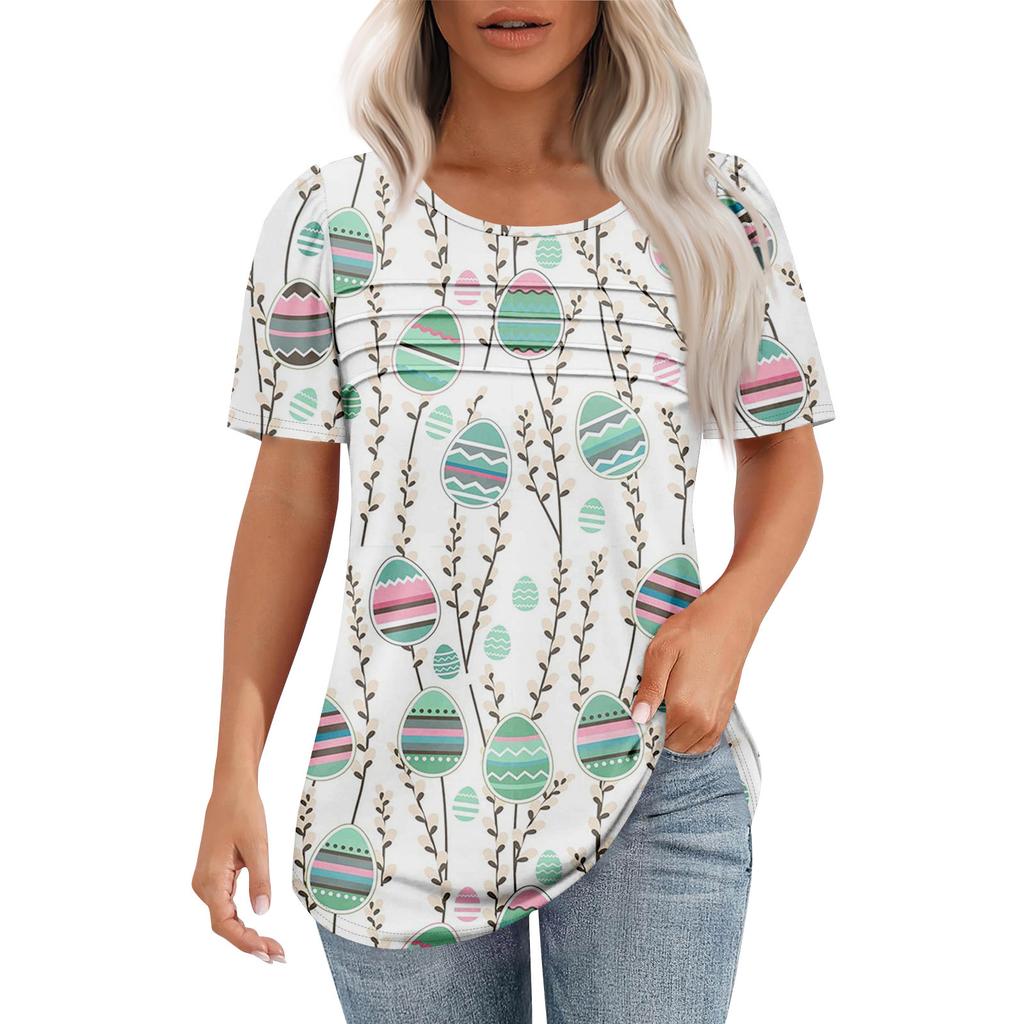 Ladies' Fashionable Printed Round Neck Pleated Short Sleeved Shirt
