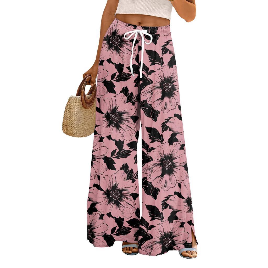 Women's Loose Casual Floral Print Wide Leg Pants With Elastic Waist Drawstring And Pocket Pants