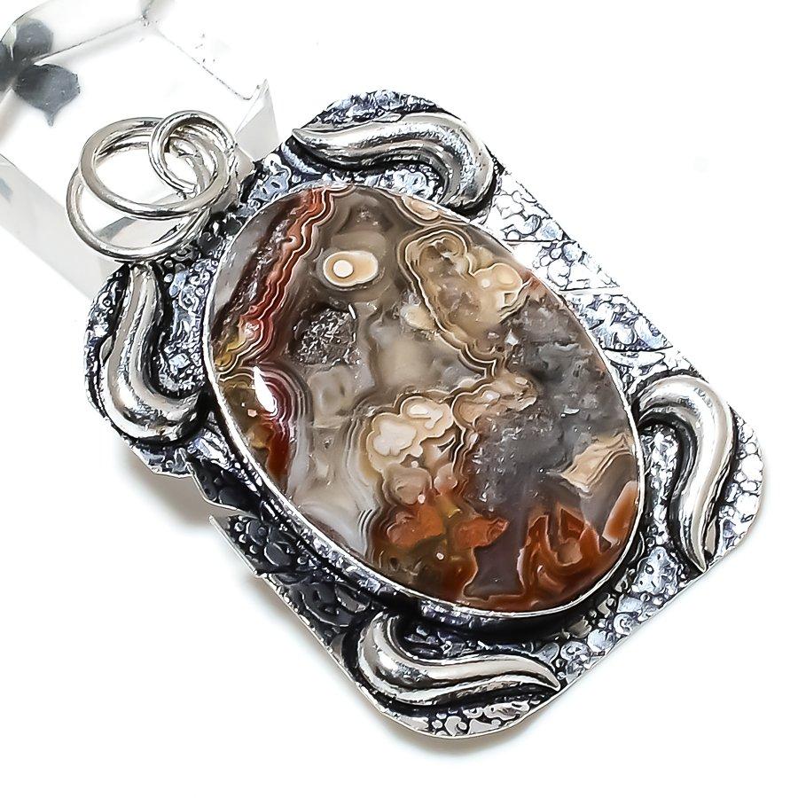 Laguna Lace Agate Gemstone Handmade 925 Sterling Silver Pendant 2.36" I1l44