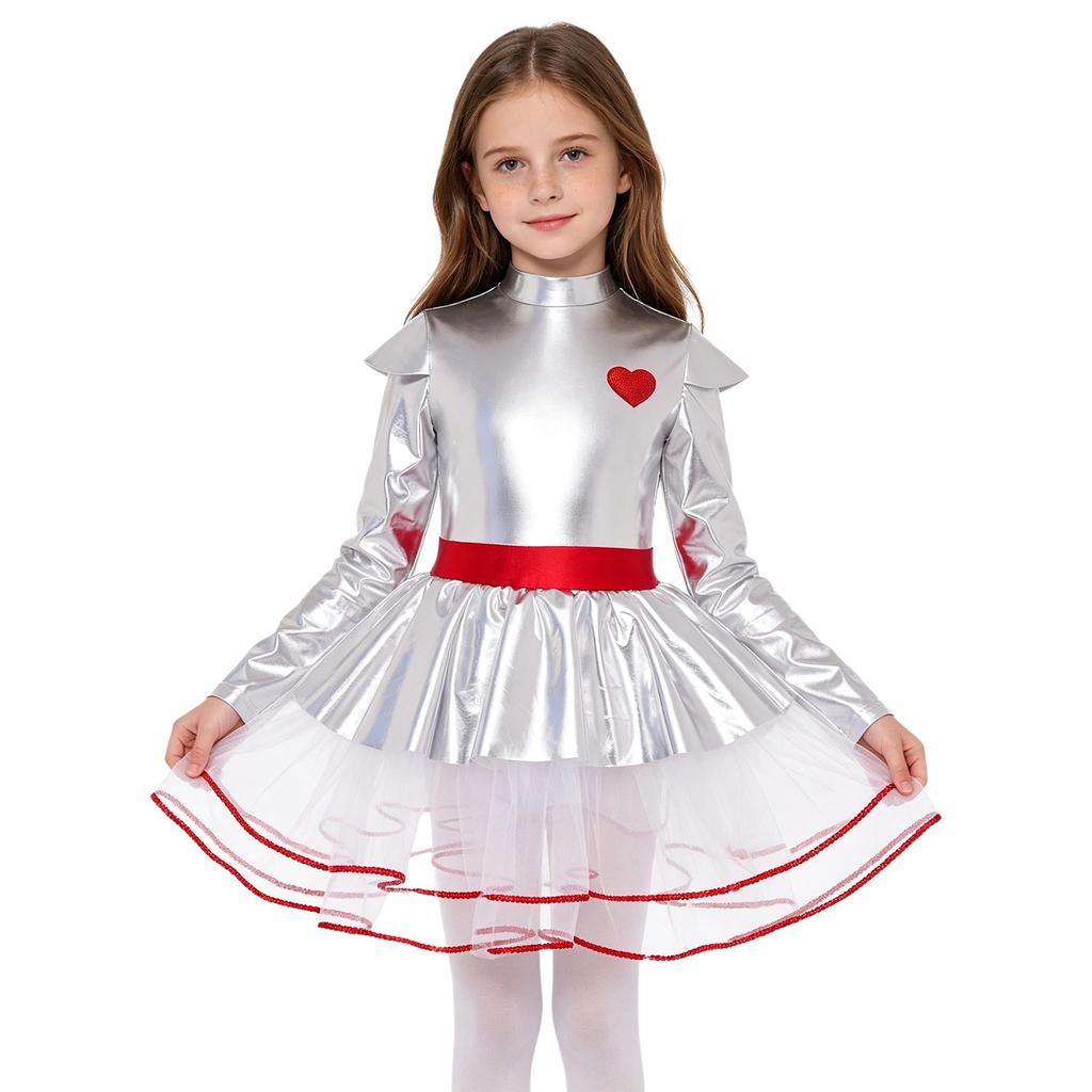 Girls Role Play Costume Metallic Tulle Tutu Dress Mock Neck Long Sleeve Back Zip Built-in Briefs for Halloween Cosplay Theme Party