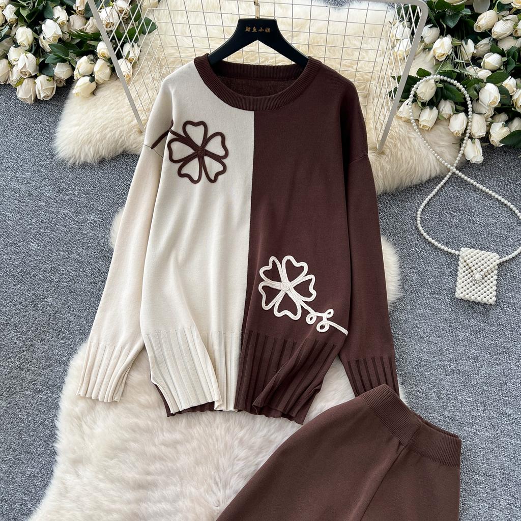 Autumn Winter Women Flower Pattern Knitted Sweater Trouser Two Piece Set O-neck Pullover Tops and Wide Leg Pant Tracksuit